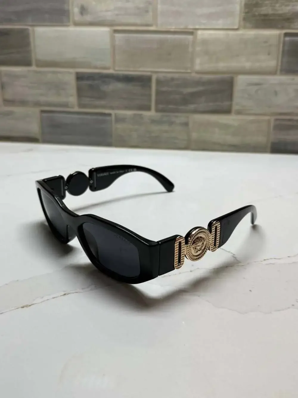 Versace VE4377 Black Logo Rectangular Sunglasses with Case and Box